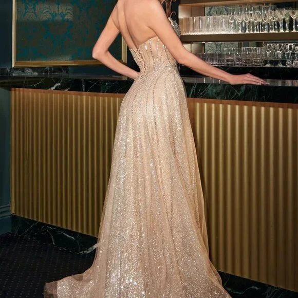 Formal ball gown.Strapless prom party gala black tie mother of the bride gold - Picture 3 of 7